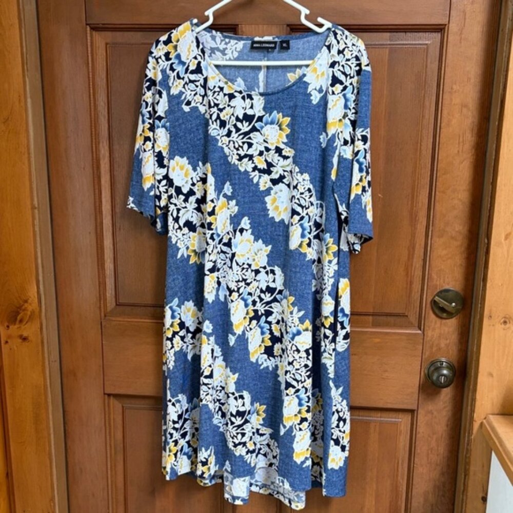 Nina Leonard Blue and Yellow Floral Midi Dress Size XL